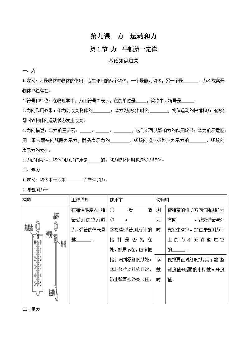 中考物理重难点精讲讲练(全国通用)专题09-1力运动和力第1节力牛顿第一定律专题练习(原卷版+解析)第1页