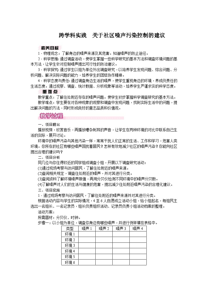 第二章 声音与环境 跨学科实践　关于社区噪声污染控制的建议（教案） --2024-2025学年 沪粤版（2024）物理八年级上册第1页