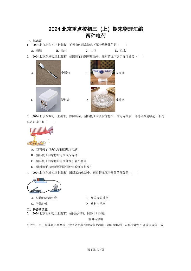 [物理]2024北京重点校初三上学期期末真题分类汇编：两种电荷第1页
