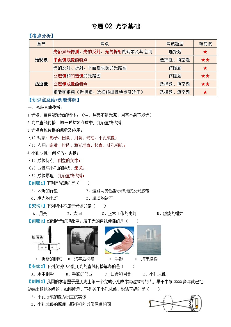 中考物理一轮复习专题02光学基础(知识点复习+例题讲解+过关练习)(原卷版+解析)01