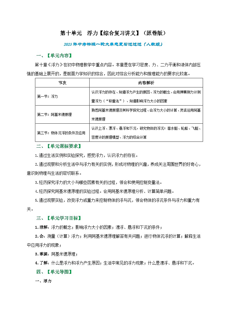 人教版中考物理一轮大单元复习第十单元浮力【综合复习讲义】(原卷版+解析)第1页