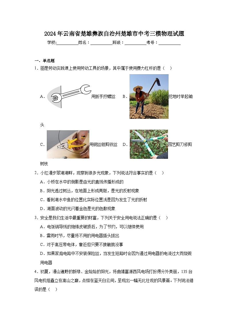 2024年云南省楚雄彝族自治州楚雄市中考三模物理试题第1页