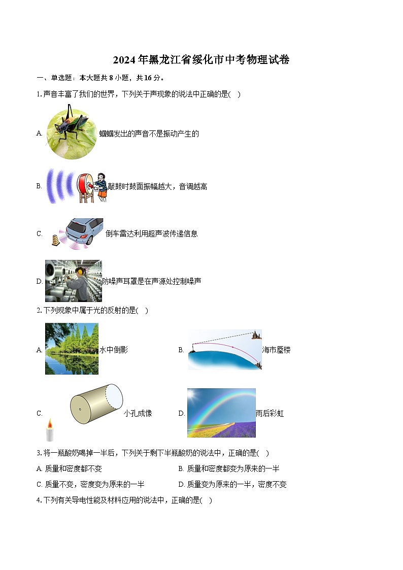 2024年黑龙江省绥化市中考物理试卷（含详细答案解析）01