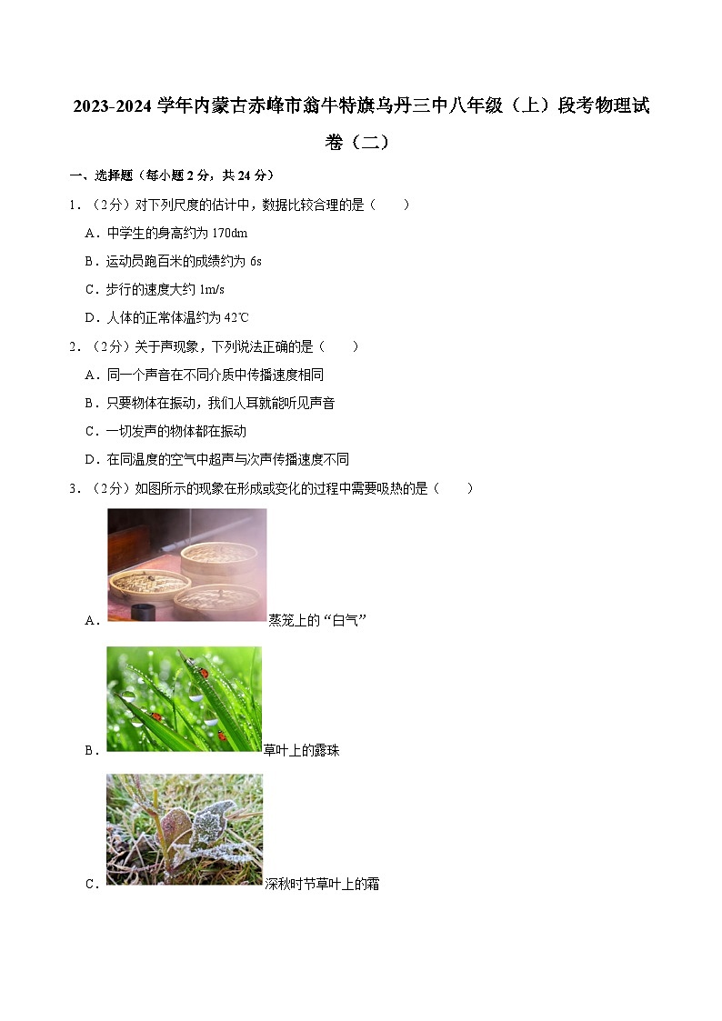 内蒙古赤峰市翁牛特旗乌丹第三中学2023-2024学年八年级上学期期中段考物理试卷（二）第1页