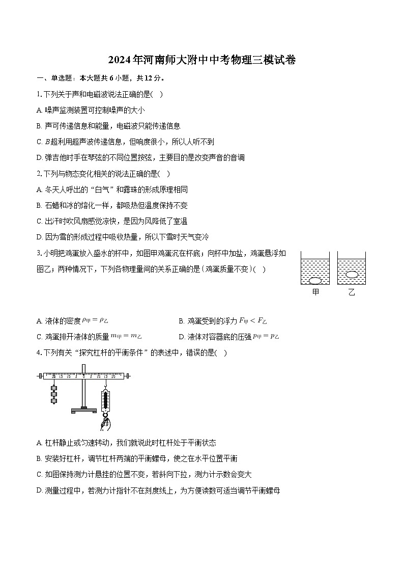 2024年河南师大附中中考物理三模试卷+第1页