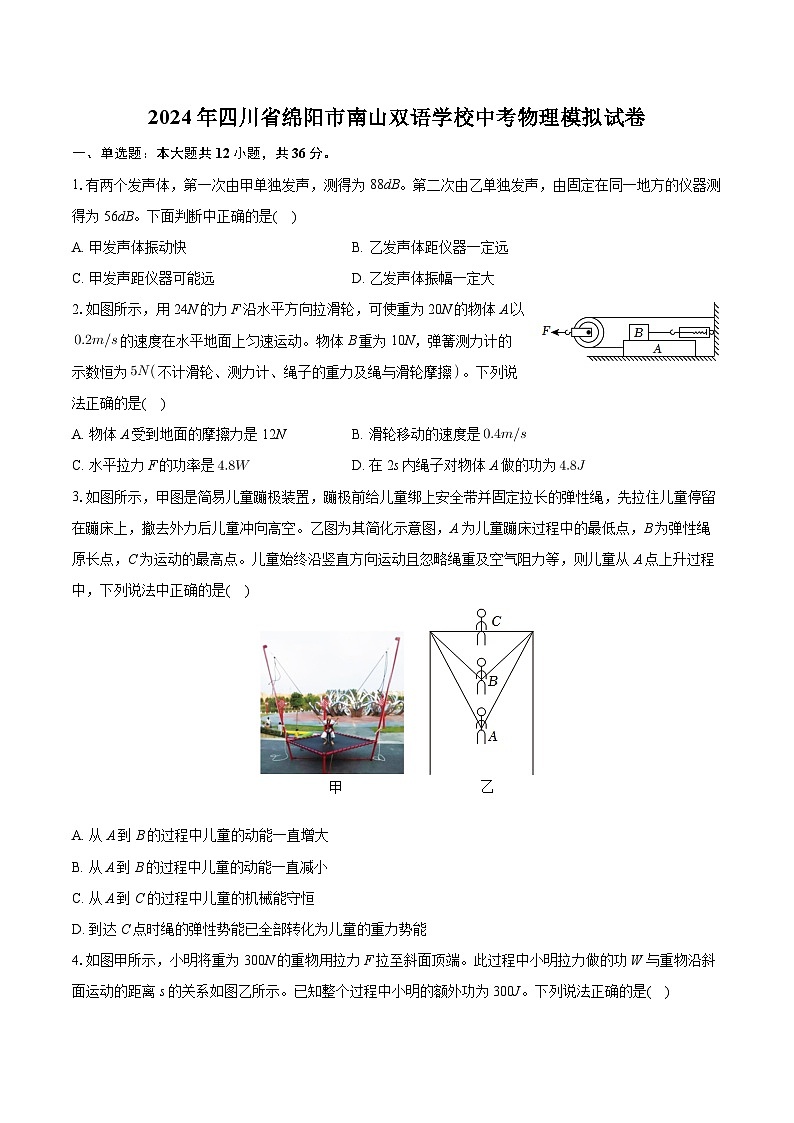 2024年四川省绵阳市南山双语学校中考物理模拟试卷第1页
