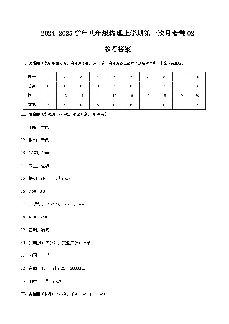 人教版2024初中物理八年级上册第一次月考卷02（第1~2章）- 含答案解析01