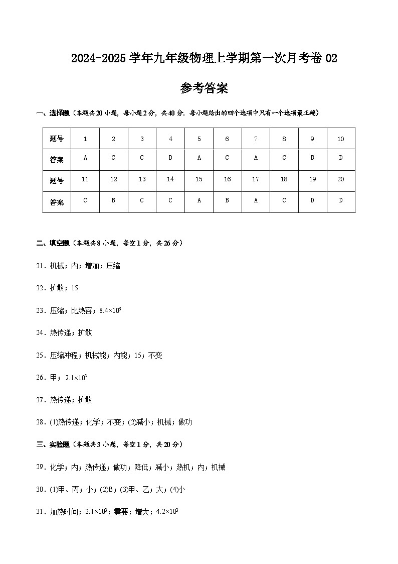 九年级物理上学期第一次月考卷02（参考答案）（人教版）第1页
