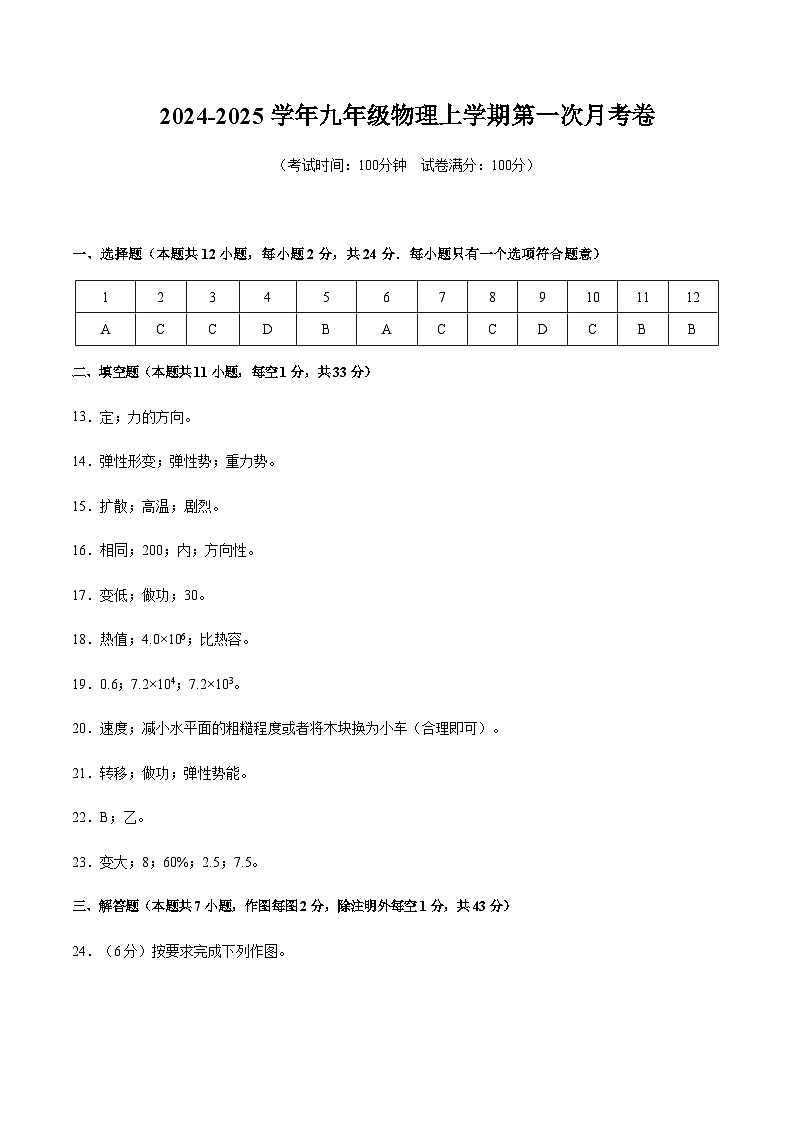 九年级物理第一次月考卷（参考答案）（苏科版）第1页