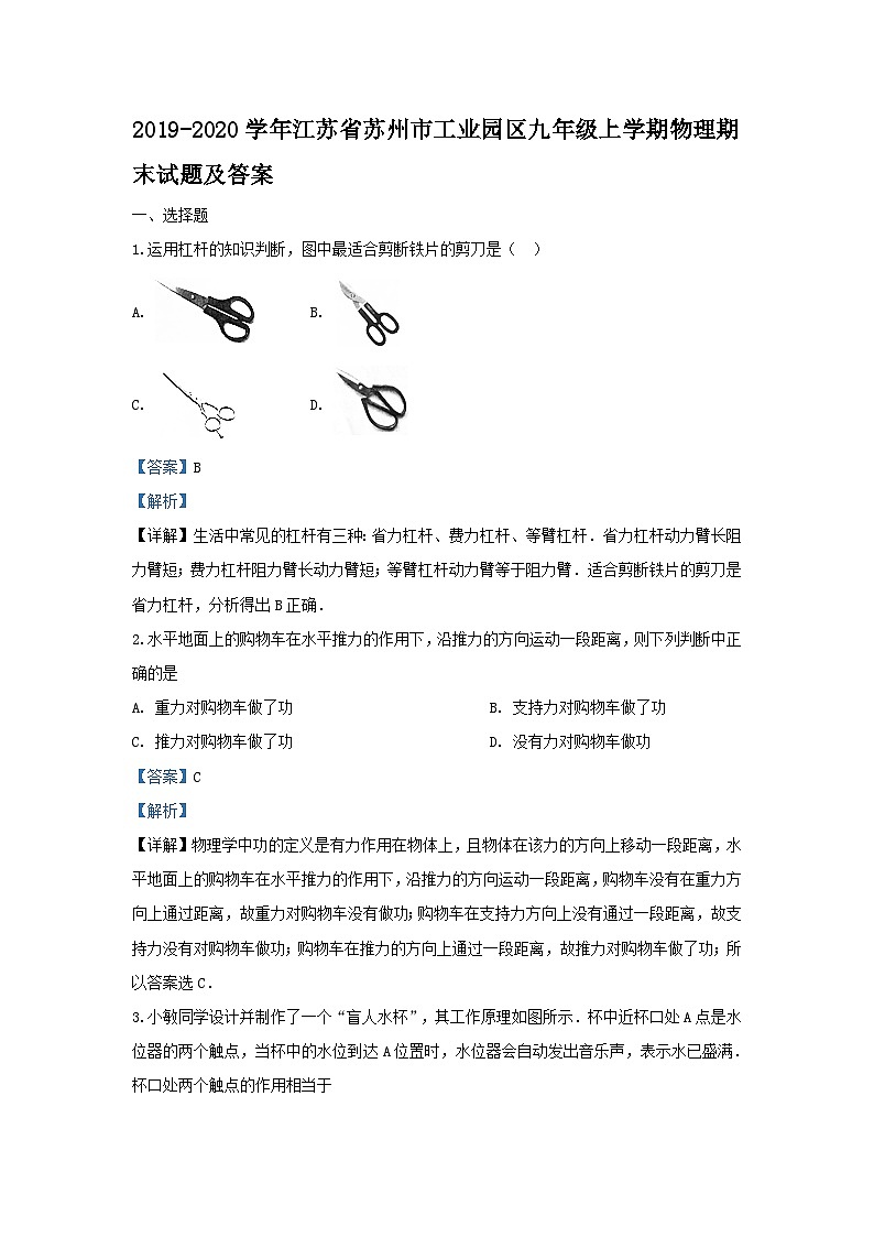 2019-2020学年江苏省苏州市工业园区九年级上学期物理期末试题及答案01