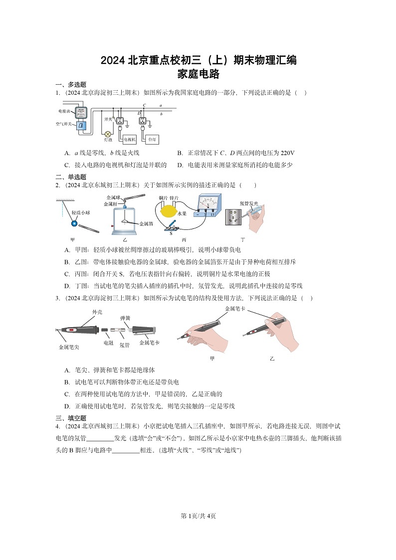[物理]2024北京重点校初三上学期期末真题分类汇编：家庭电路01