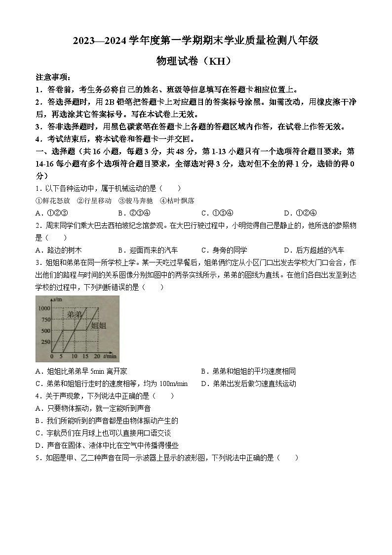 河北省邢台市平乡县第五中学2023-2024学年八年级上学期期末考试物理试题(无答案)第1页