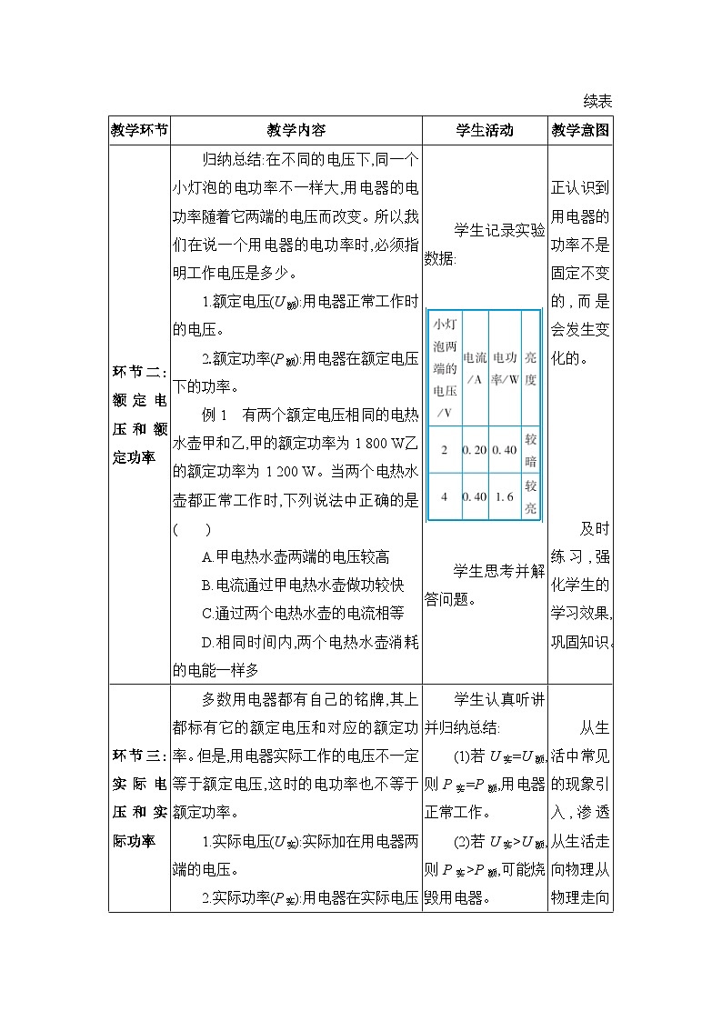 教科版（2024）九年级物理上册第六章电功率6.4 灯泡的电功率教案03