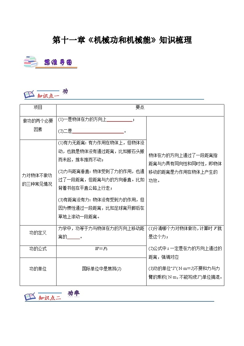 沪粤版九年级上册物理同步精品练习第十一章《机械功和机械能》知识梳理原卷版+解析01