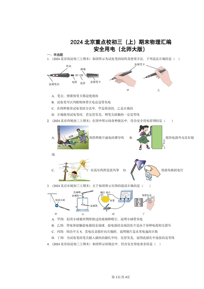 [物理]2024北京重点校初三上学期期末真题分类汇编：安全用电(北师大版)01