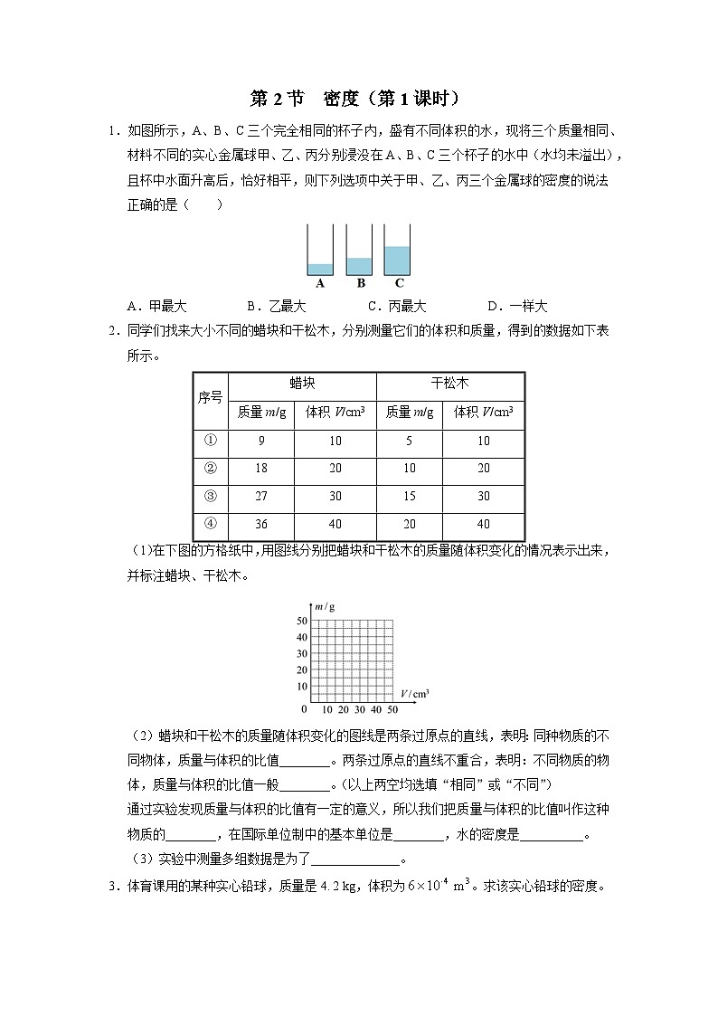 人教版八年级物理上册精品演练6.2-1[综合训练]密度（第1课时）同步练习第1页