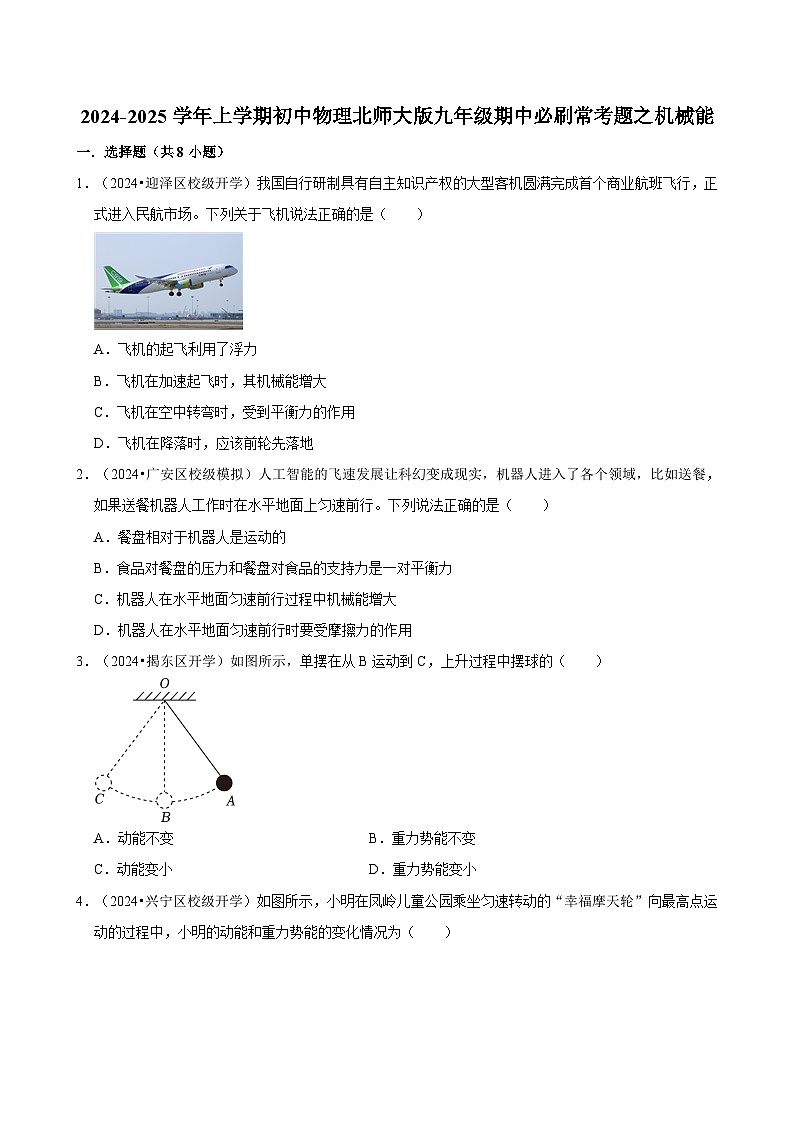 2024-2025学年北师大版物理九年级上学期期中必刷常考题之机械能第1页