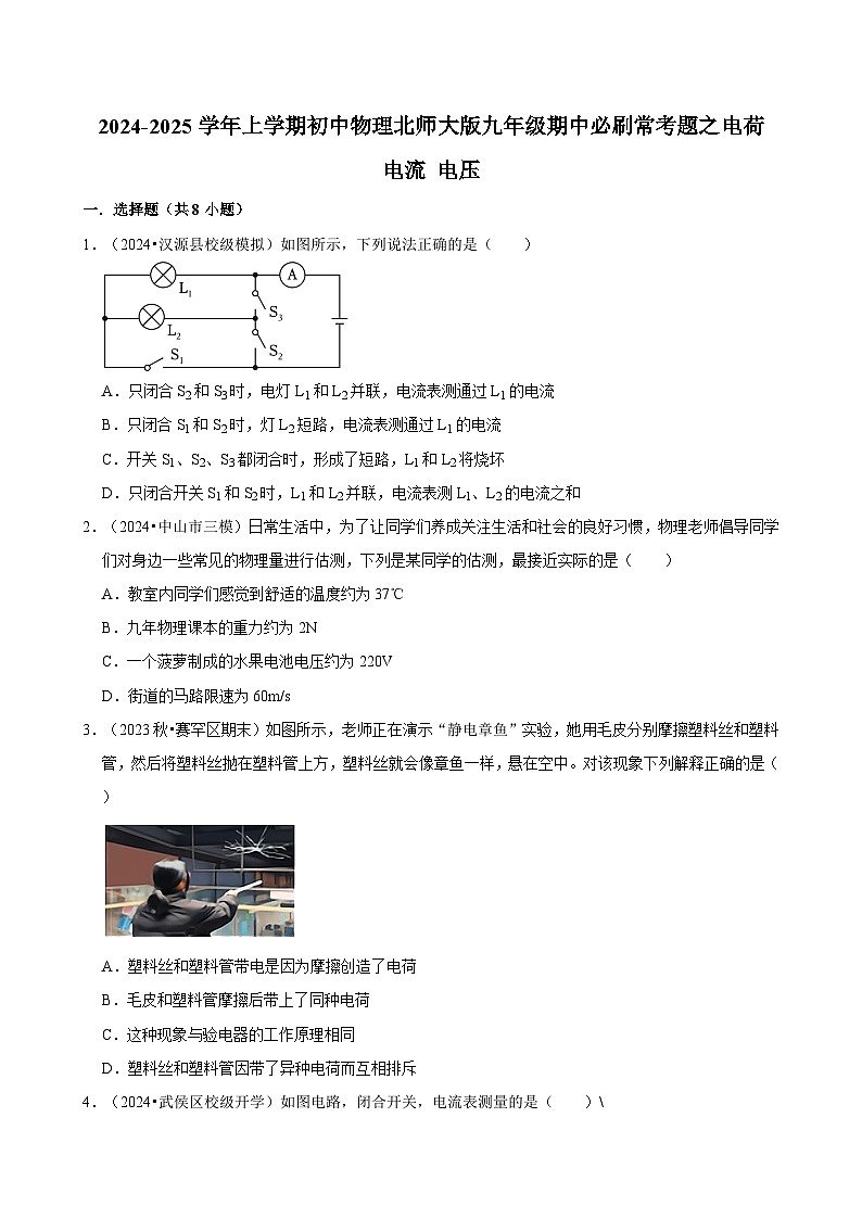 2024-2025学年北师大版物理九年级上学期期中必刷常考题之电荷 电流 电压第1页