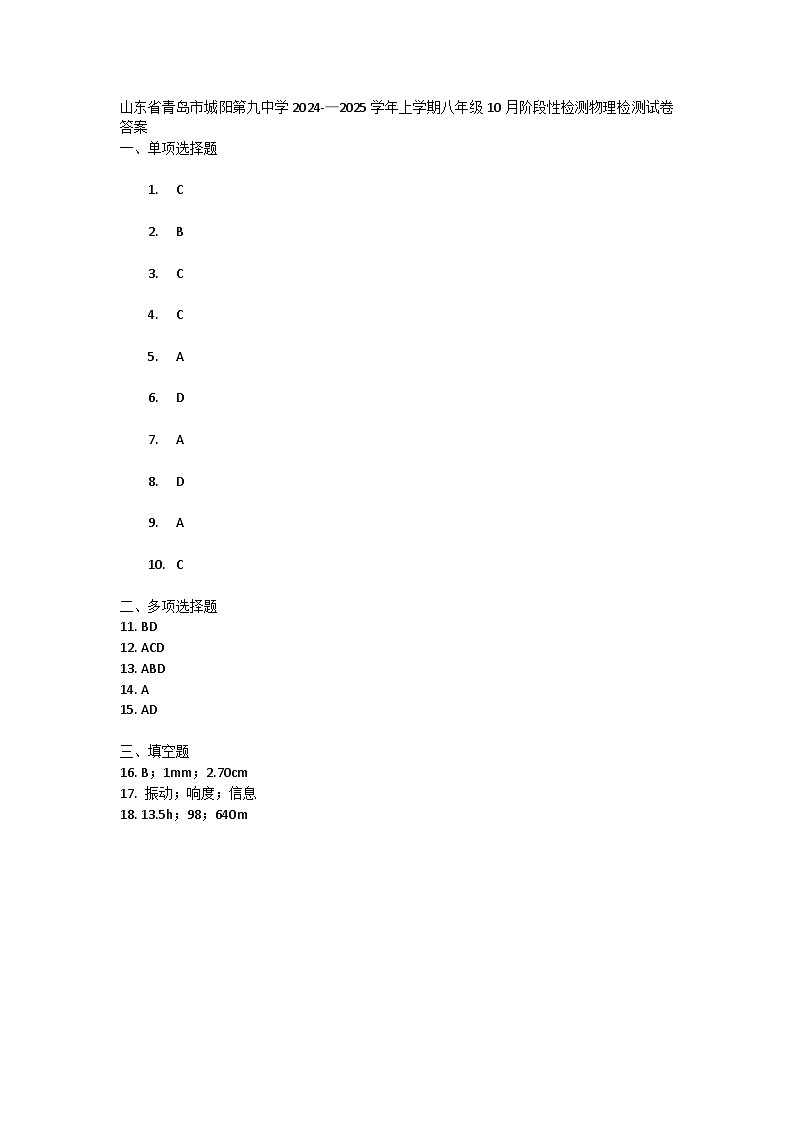 山东省青岛市城阳第九中学2024-—2025学年八年级上学期10月阶段性检测物理试卷01