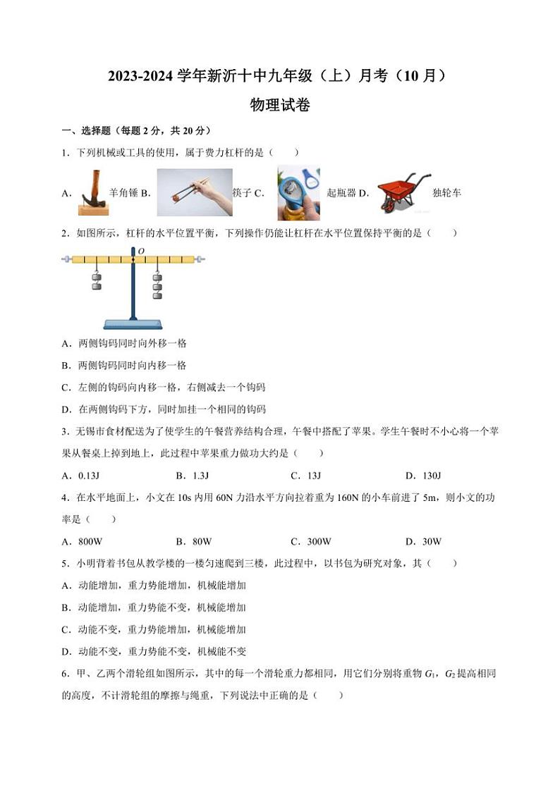 [物理]江苏省徐州市新沂市第十中学2023～2024学年九年级上学期10月月考试卷(有解析)第1页
