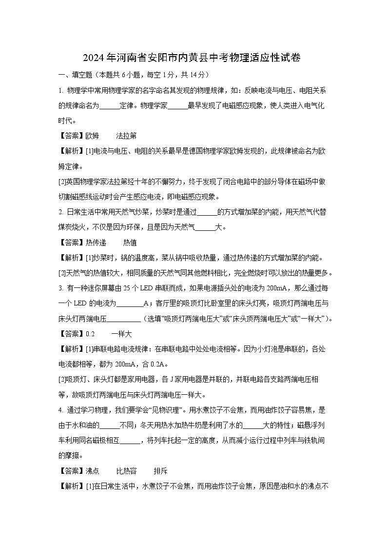[物理]河南省安阳市内黄县2024年中考模拟试题(解析版)第1页