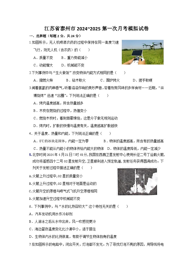 江苏省泰州市2024_2025学年九年级上学期第一次月考物理模拟试卷01