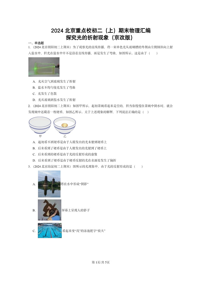 [物理]2024北京重点校初二上学期期末真题分类汇编：探究光的折射现象(京改版)第1页