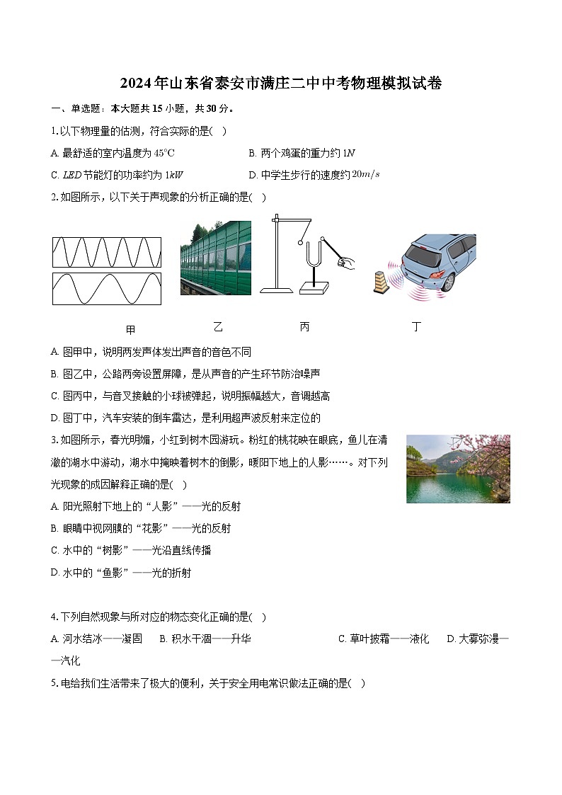 2024年山东省泰安市满庄二中中考物理模拟试卷第1页