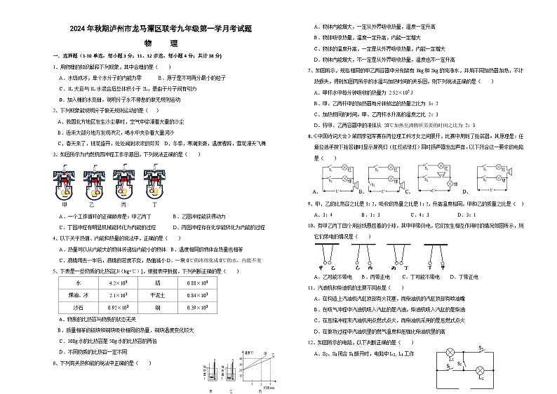 四川省泸州市龙马潭区联考2024-2025学年九年级上学期10月月考物理试题01