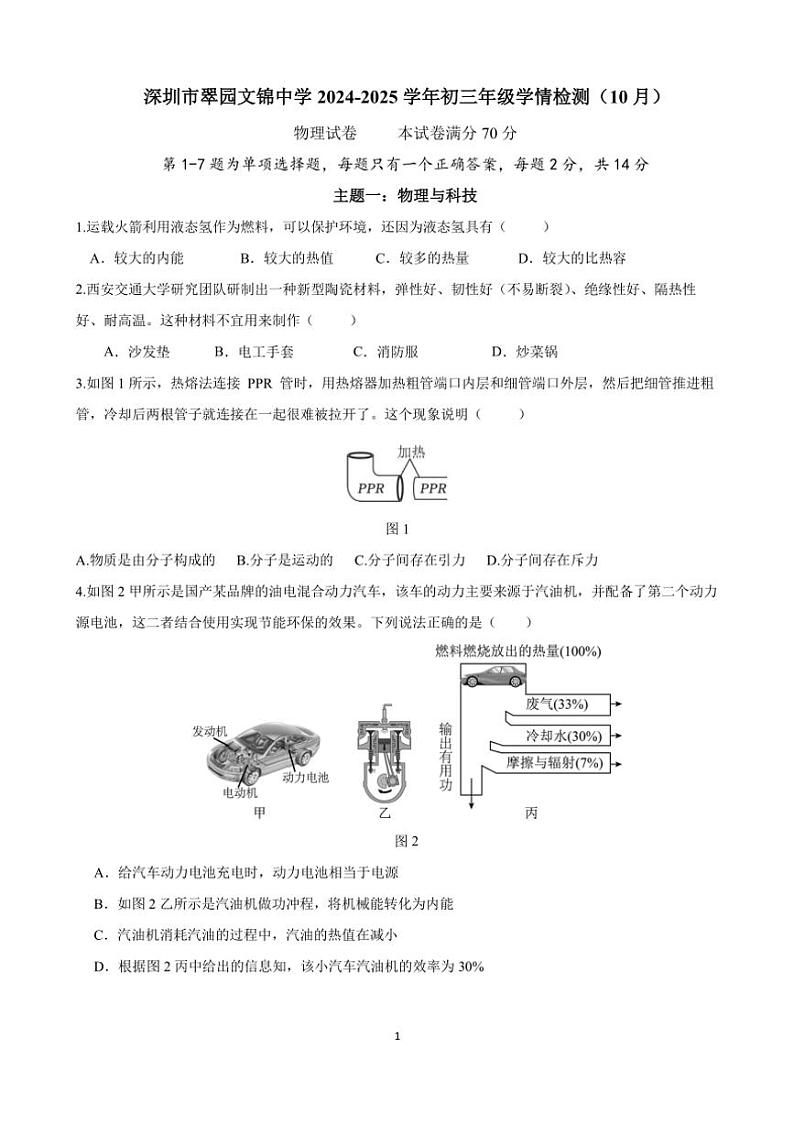 [物理]广东省深圳市翠园文锦中学2024～2025学年九年级上学期阶段性检测(10月)试卷(无答案)第1页