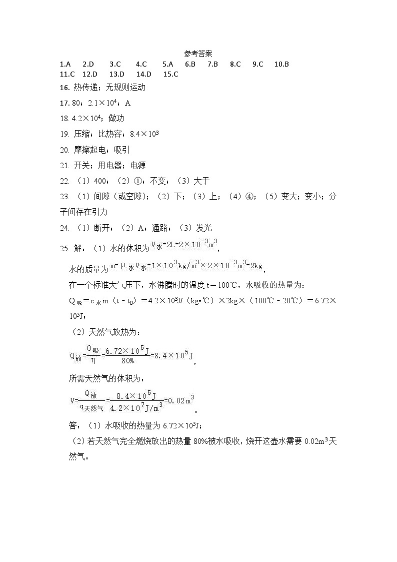 四川省绵阳市江油市2024-2025学年九年级上学期10月月考物理试题参考答案第1页