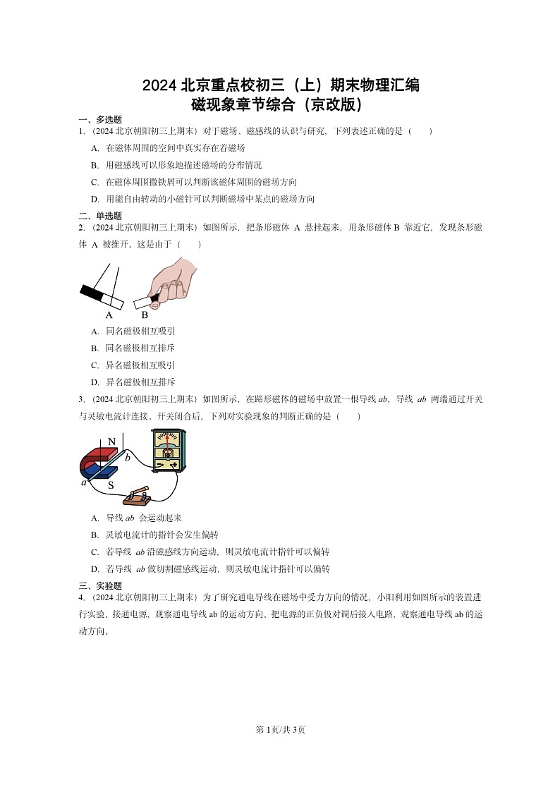 [物理]2024北京重点校初三上学期期末真题分类汇编：磁现象章节综合(京改版)01