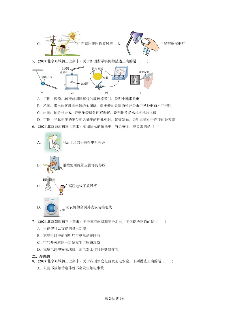 [物理]2024北京重点校初三上学期期末真题分类汇编：家庭电路(京改版)第2页