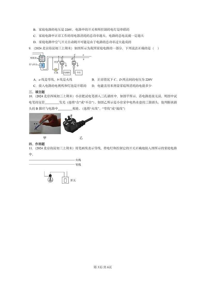 [物理]2024北京重点校初三上学期期末真题分类汇编：家庭电路(京改版)第3页
