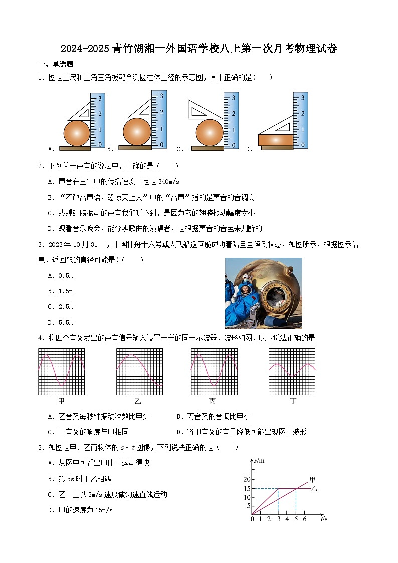 湖南省长沙市青竹湖湘一外国语学校2024-2025学年八年级上学期第一次月考物理试卷01