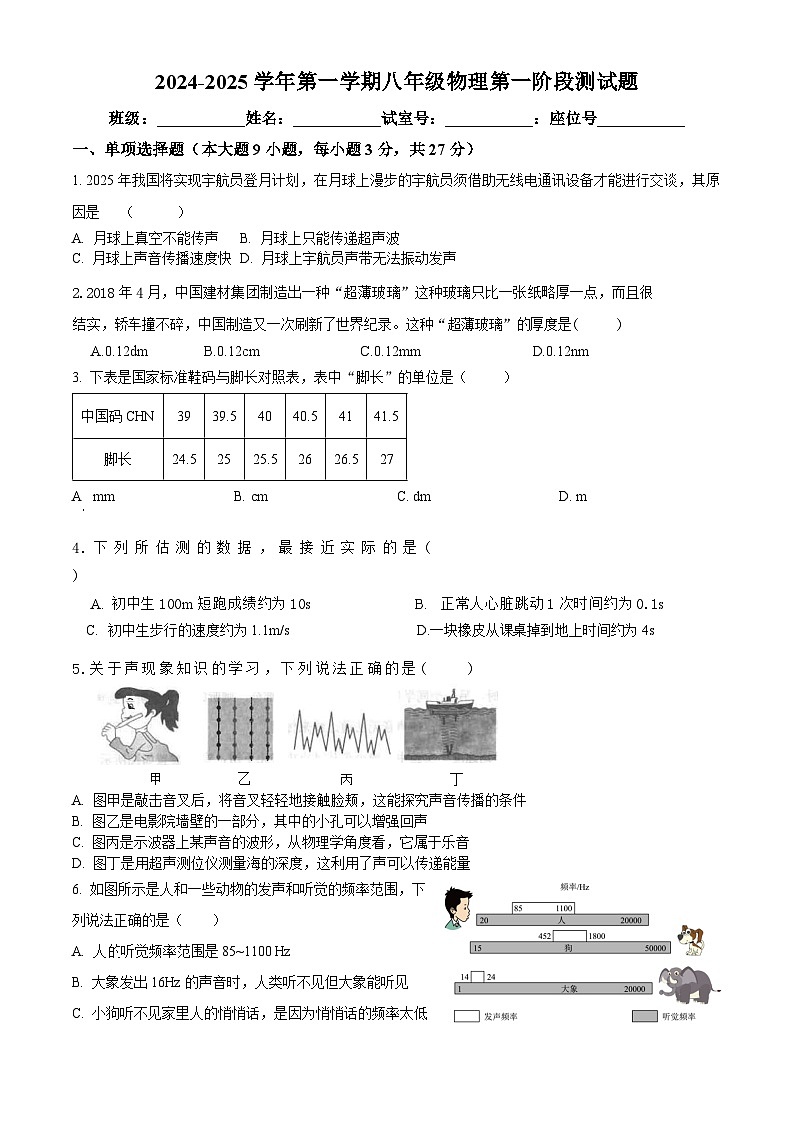 广东省清远市阳山县韩愈中学2024-2025学年八年级上学期第一次月考物理试题第1页
