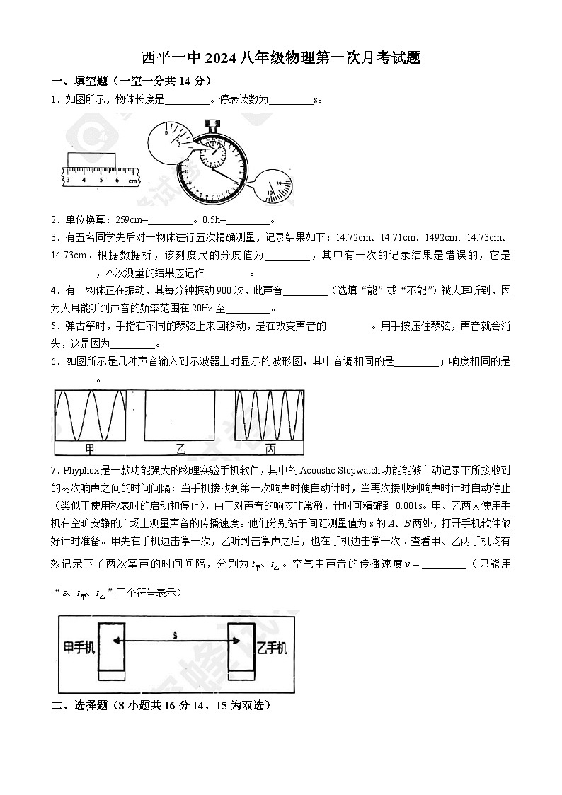 河南省驻马店市西平县第一初级中学2024－2025学年上学期第一次月考八年级物理(无答案)01