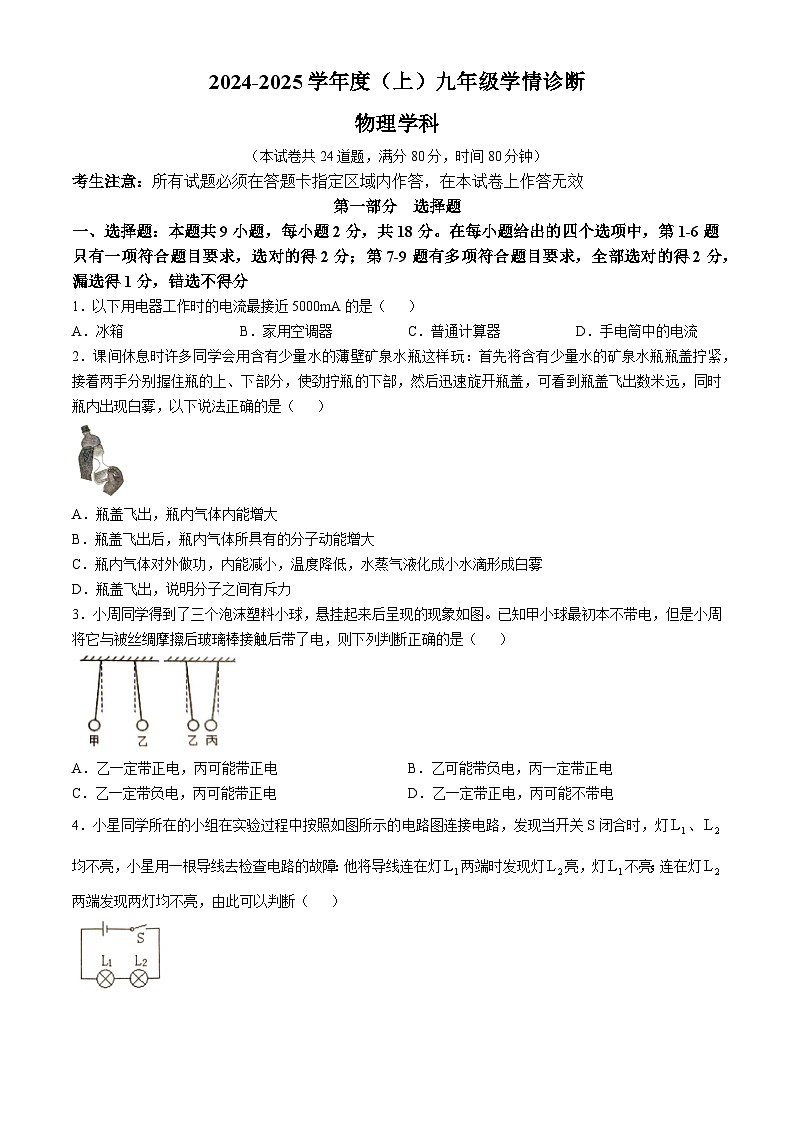 辽宁省沈阳市大东区第一协作体2024-2025学年度九年级上学期10月月考物理试题(无答案)01