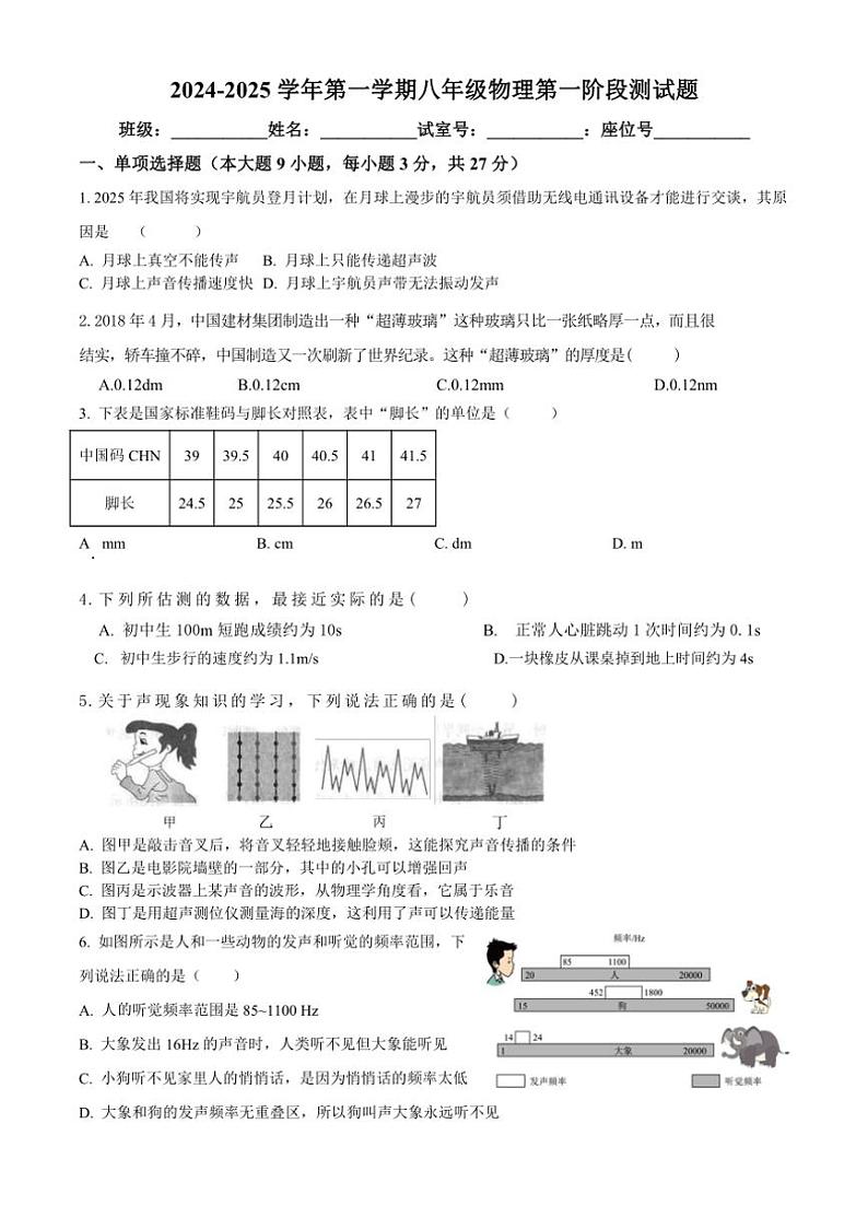 [物理]广东省清远市阳山县韩愈中学2024～2025学年八年级上学期第一次月考试题(无答案)第1页