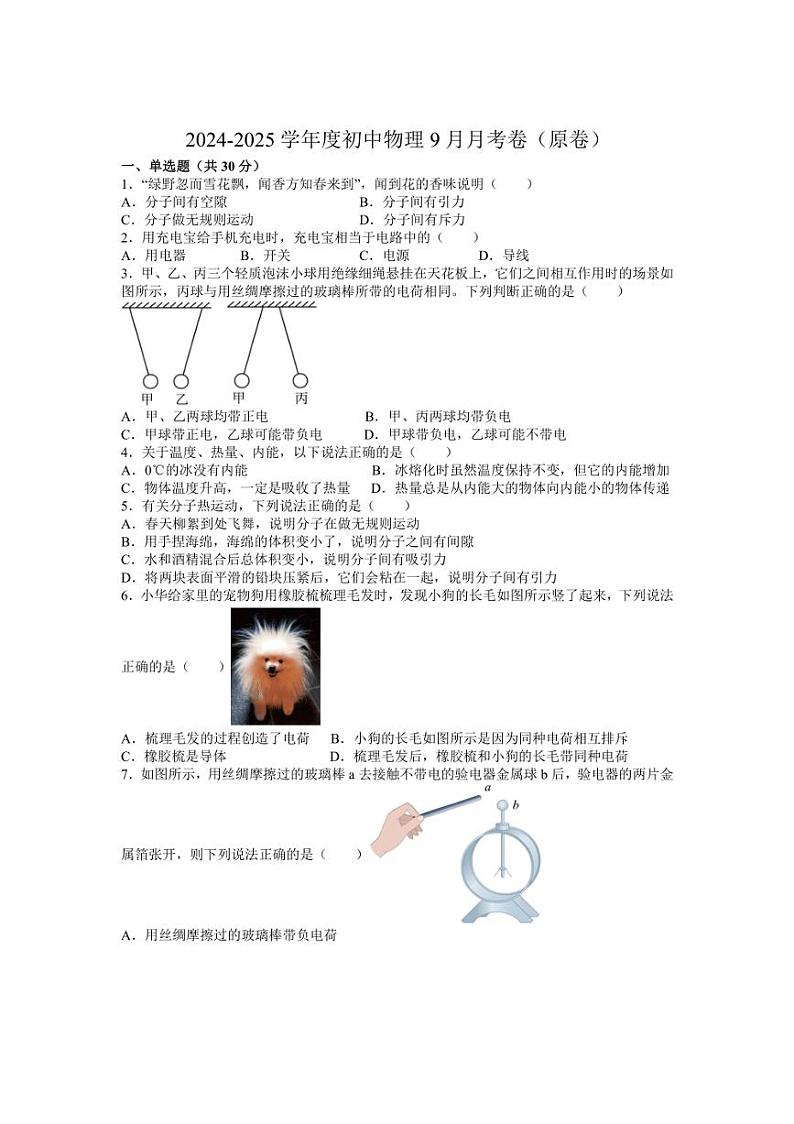 [物理]山东省聊城市莘县莘县翔宇学校2024～2025学年九年级上学期10月月考试题(无答案)第1页