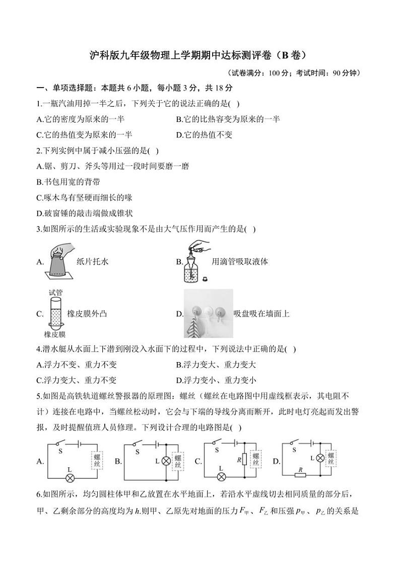 [物理][期中]2024～2025学年沪科版九年级上学期期中达标测评卷(B卷)(有解析)01