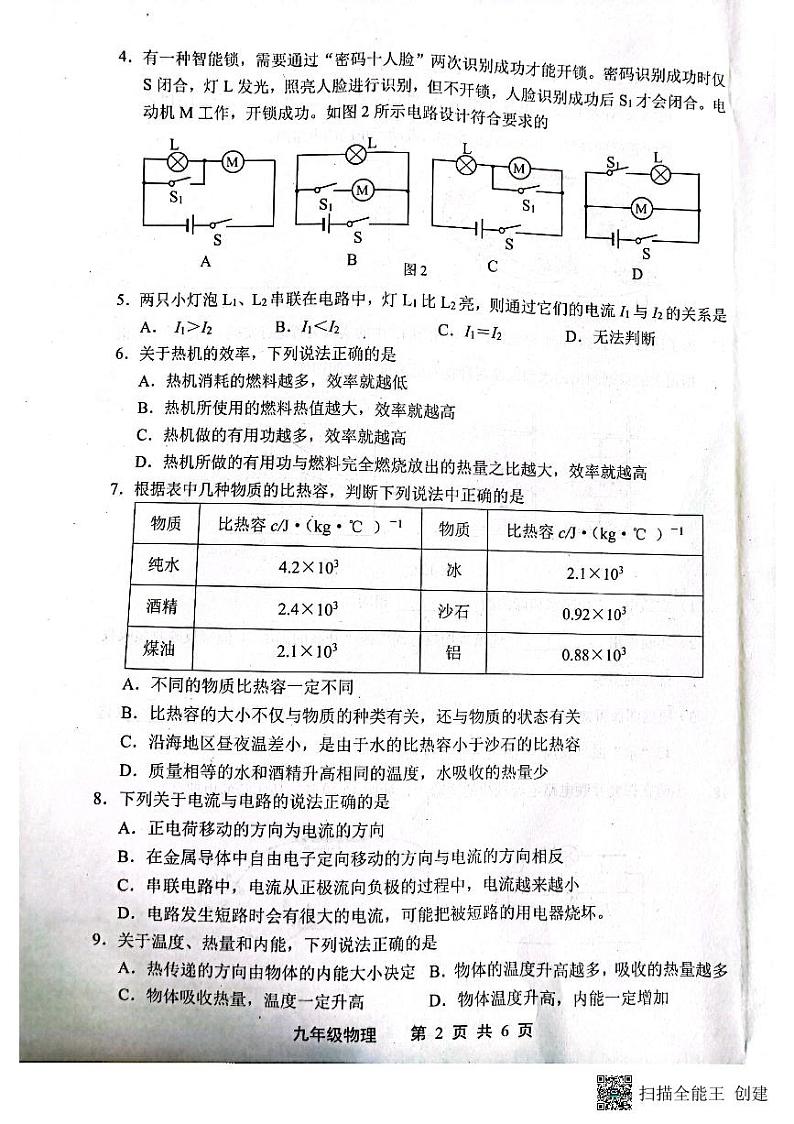 河北省唐山市路北区2024-2025学年九年级上学期10月月考物理试题第2页
