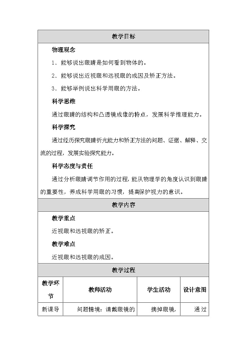 人教版（2024新版）八年级上册物理第五章第4节《眼睛和眼镜》教学设计第2页