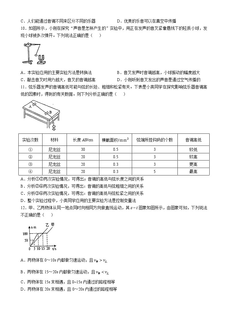 山东省诸城市实验初级中学2024-2025学年八年级上学期10月月考物理试卷(无答案)第3页