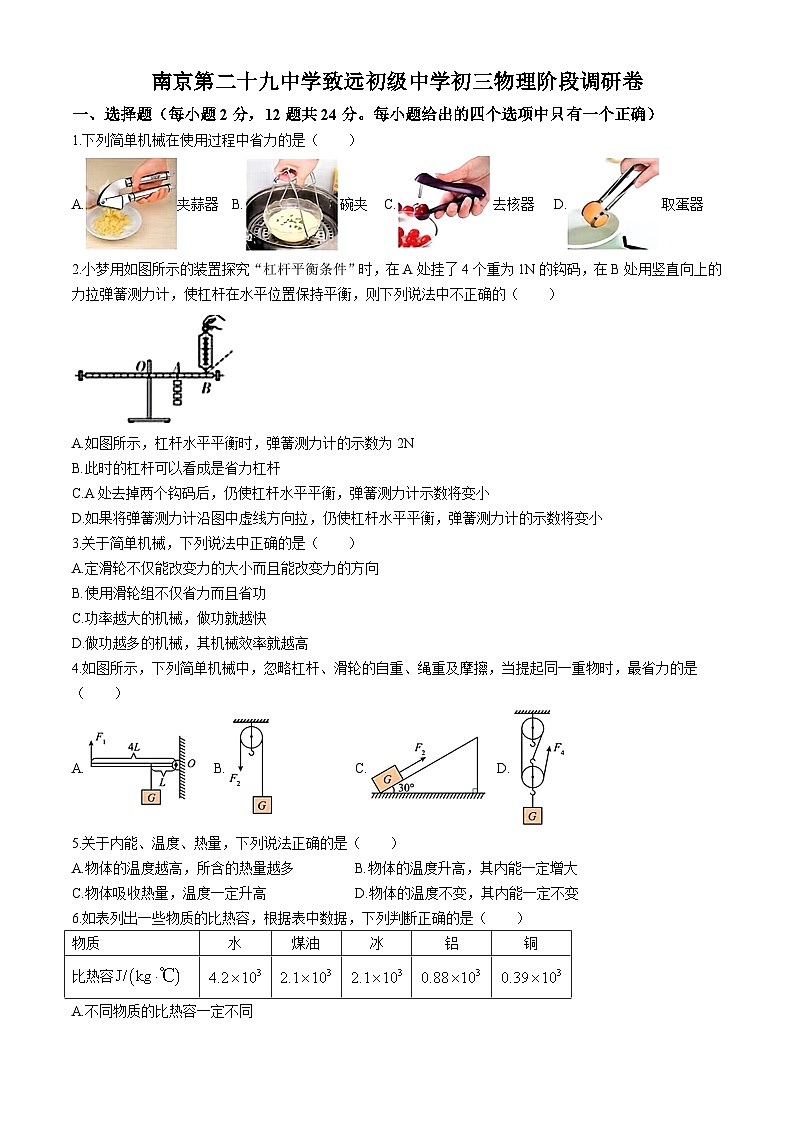 江苏省南京市第二十九中学2024-2025学年九年级上学期10月月考物理试题(无答案)第1页