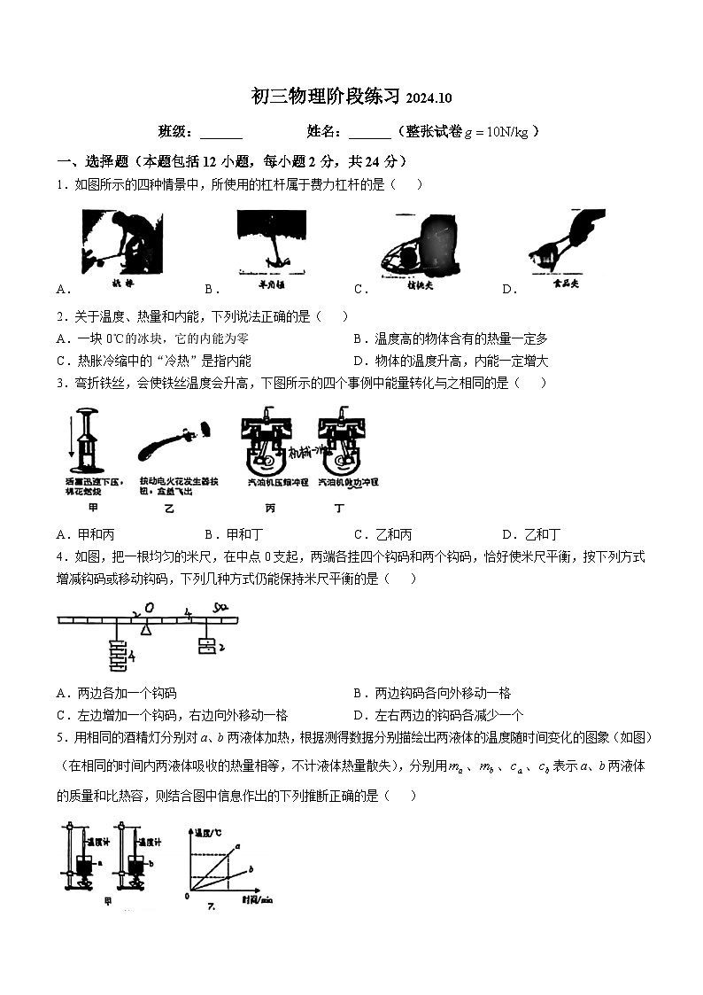 江苏省苏州园区东沙湖学校2024-2025学年九年级上学期10月月考物理试题(无答案)01