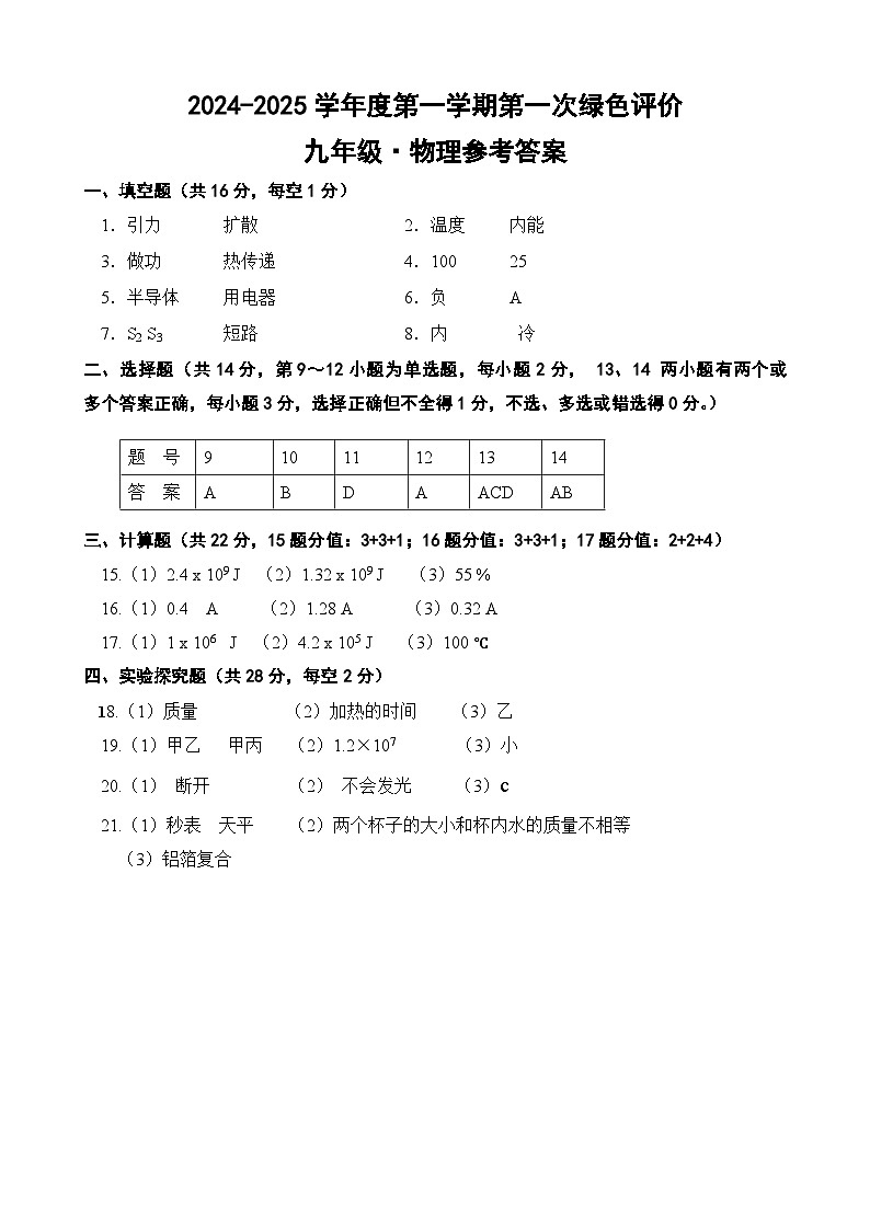 九年级43物理答案20241010第1页