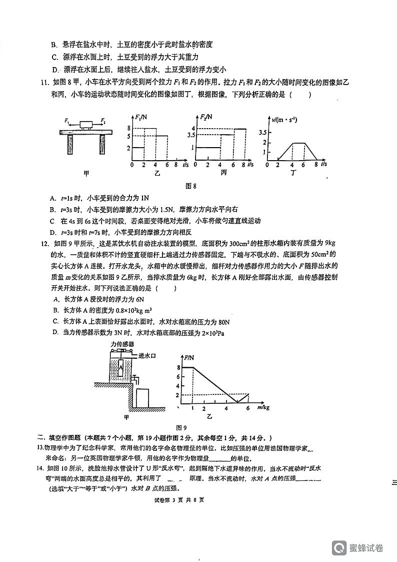 重庆市育才中学校2023-2024学年八年级下学期期末物理试卷第3页