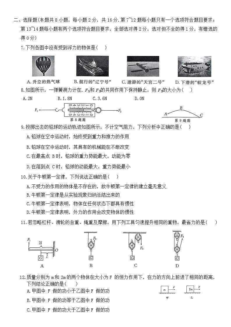 河南省周口市沈丘县中英文等校2023-2024学年八年级下学期6月期末物理试题第2页