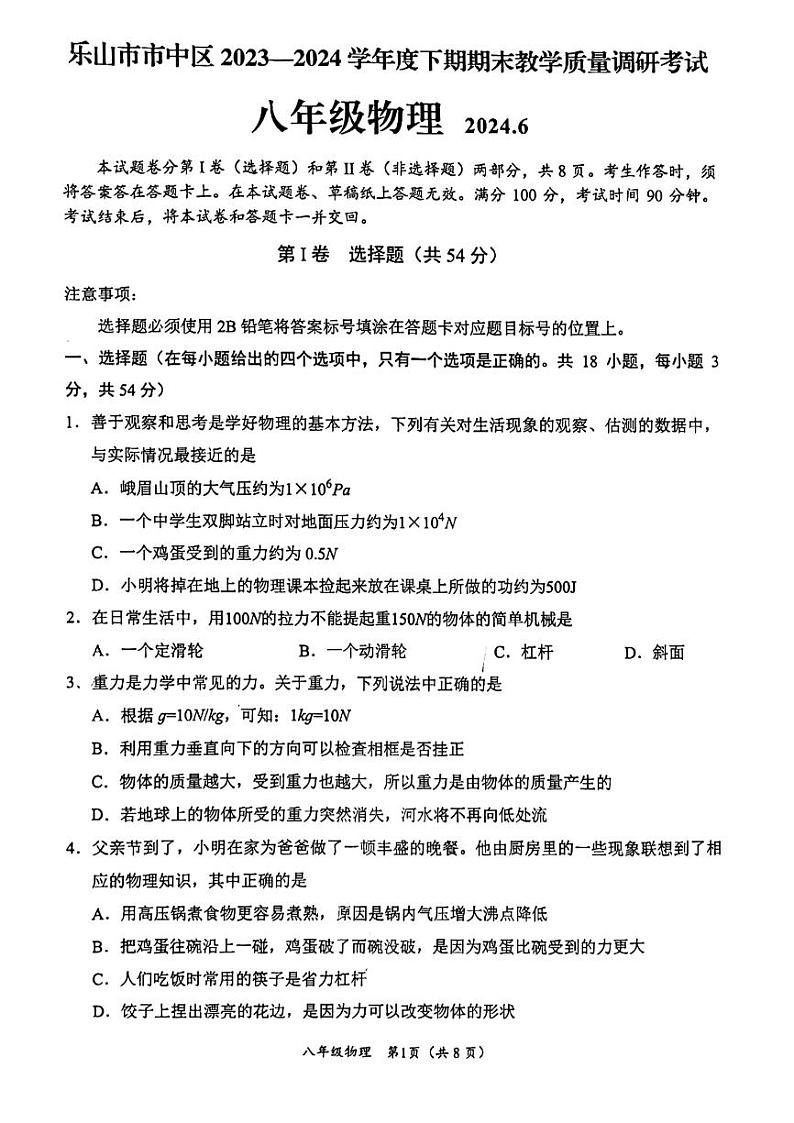 2024四川省乐山市市中区八下物理期末真题01